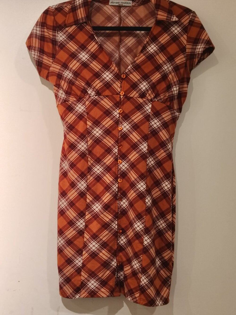 Rust Plaid Collared Button Front Mini Dress - Picture 3 of 7